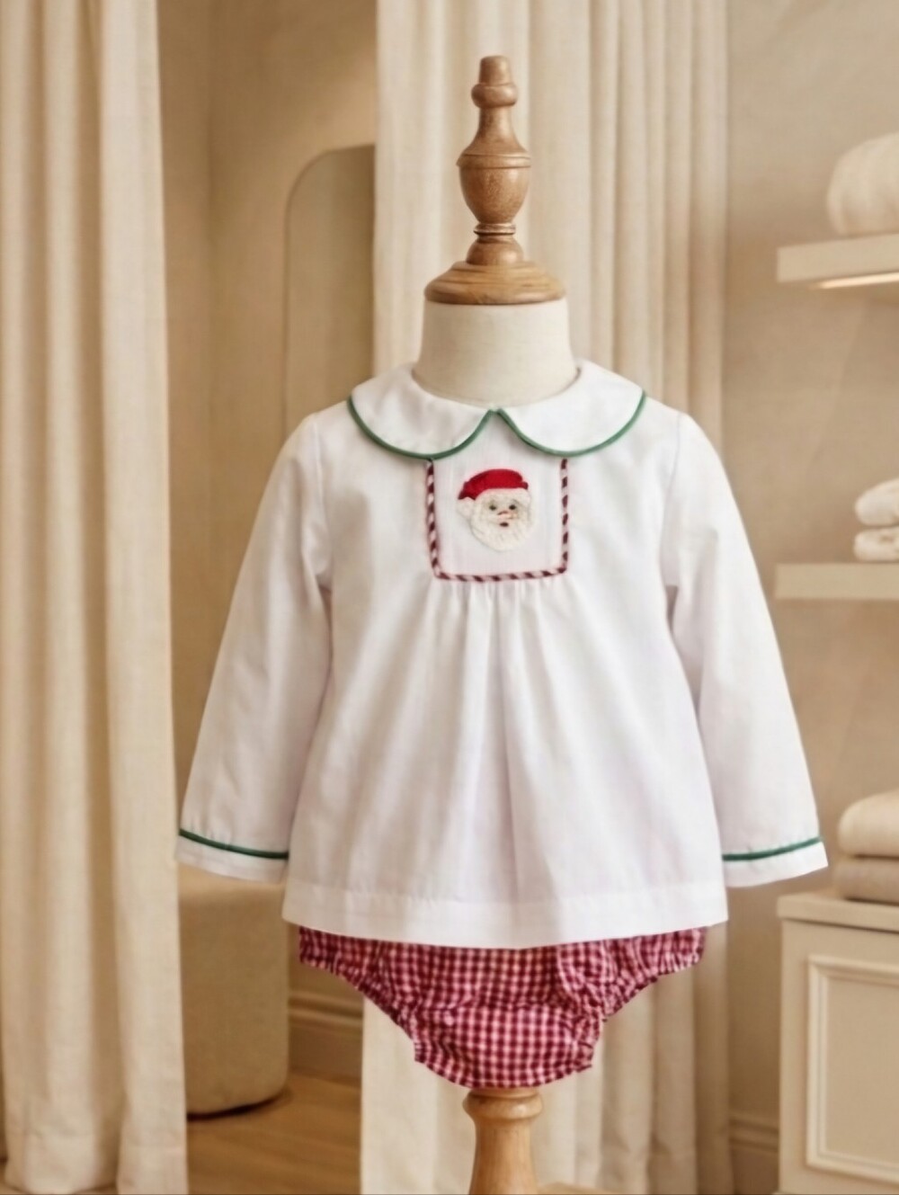 Petit Ami Smocked Santa 2-Piece Set White Top & Gingham Bloomers Sz NB NWT